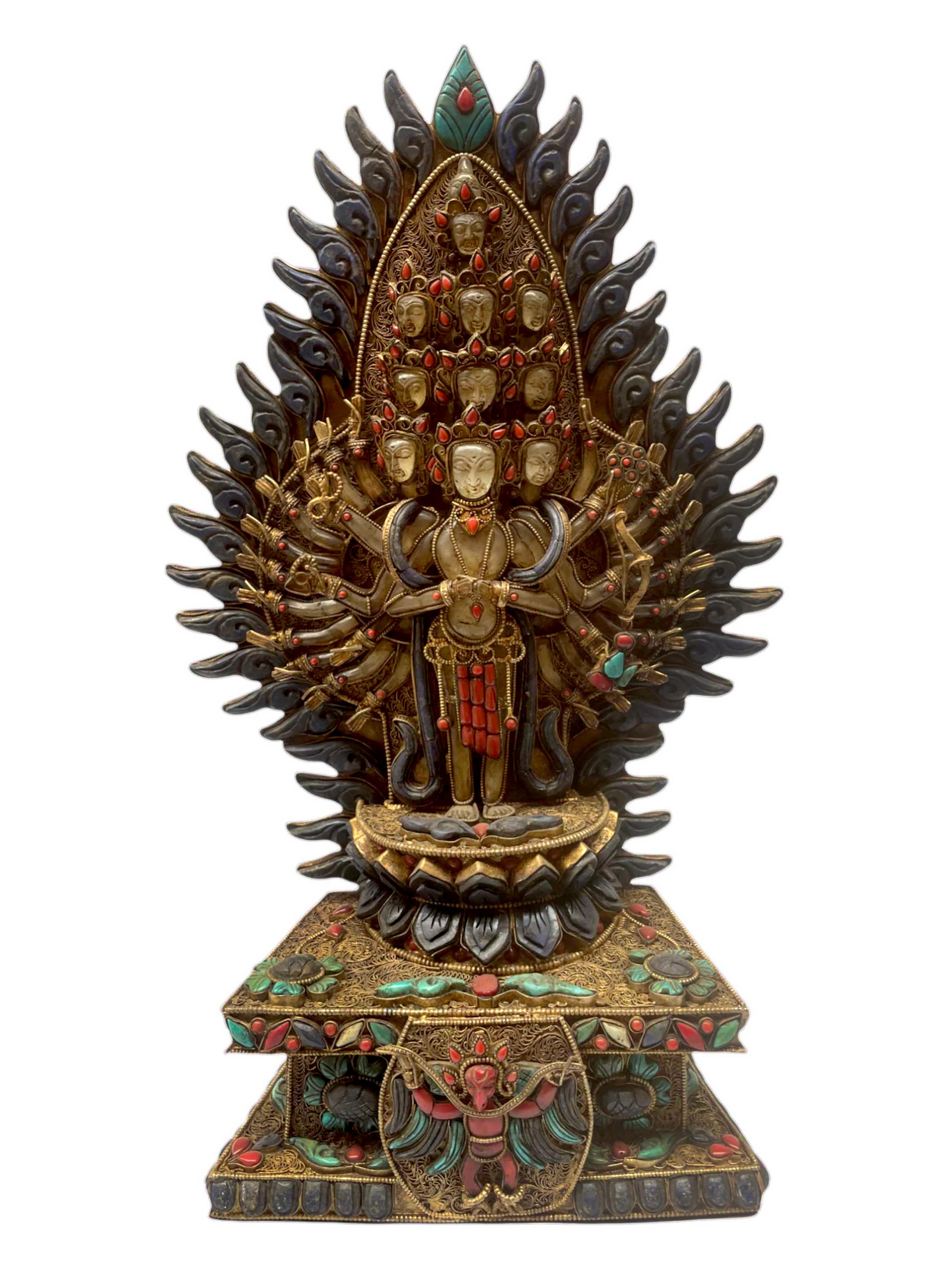 Tibetan Statue of Sahasrabhuja Avalokitesvara, Stone Setting, Oxidized