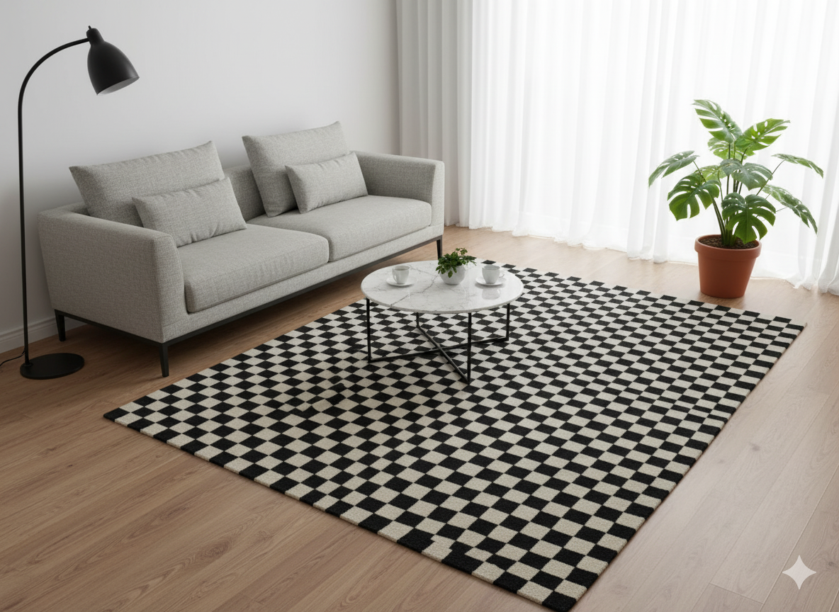 Modern 60-Knot Hand-Knotted Nepali Woolen Carpet (Beige/Black, 5.58 x 7.87 ft)