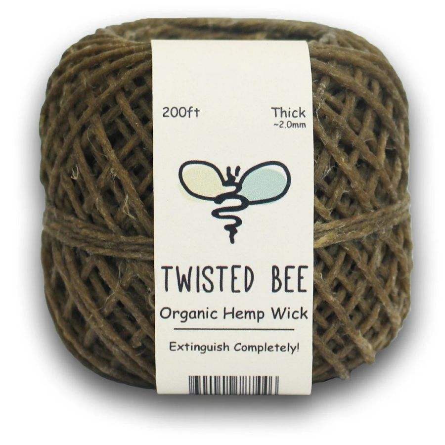 100% Organic Hemp Candle Wick 2.0mm Thick + Wick Sustainer Tabs 200pcs for Candle Making, 23 Bees, European Imported Hemp Spool 200ft with Natural Beeswax Coating Box of 50