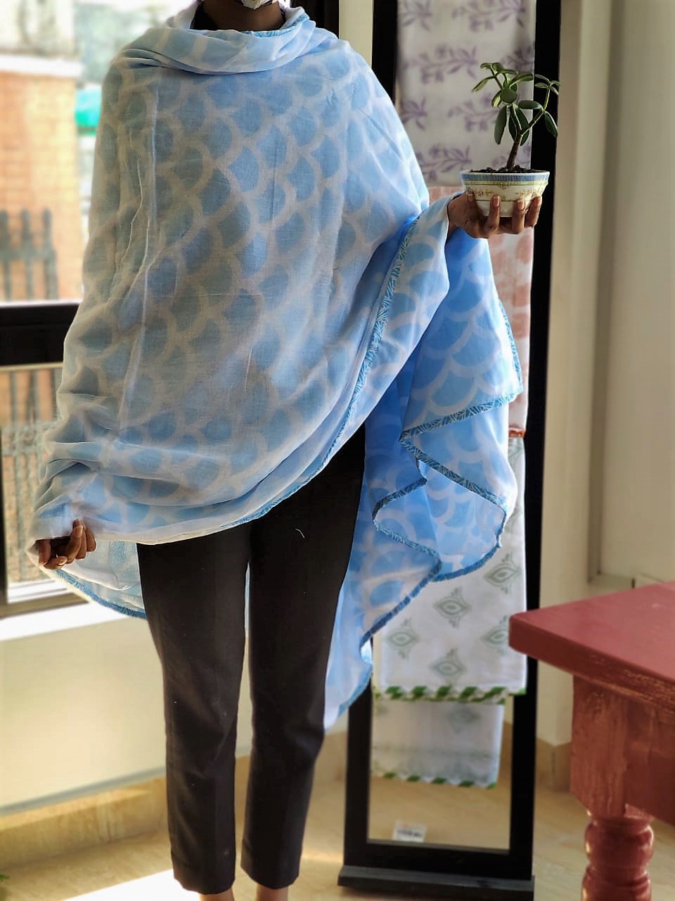 Handmade Blue Pattern Malmal Khasto (Throw)