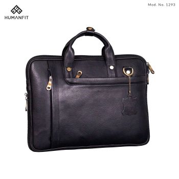 Human Fit Handmade Genuine Leather Slim Expandable Compact Laptop Bag-black