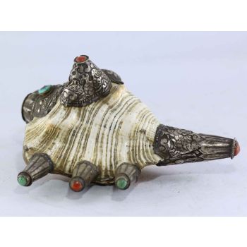  Unique Tibetan Traditional Conch Shell Will Silver Plate Carving and Embabed Stones