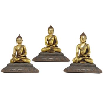 Statue Set of Shakyamuni Buddha, Amitabha Buddha and Medicine Buddha In Bronze Finishing with Wooden Base