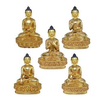 Statue of Pancha Buddha,Five Dhyani Buddha Set Full Fire Gold Plated with Painted Face