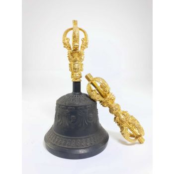 HQ Bronze Bell and Dorje Vajra, Gold Plated, Black Oxidized