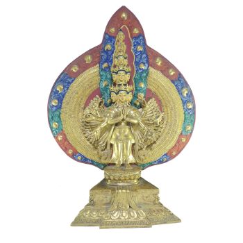 Old Stock , Tibetan Statue of Sahasrabhuja Avalokitesvara, Patly Gold Plated and Painted Face , Last Piece