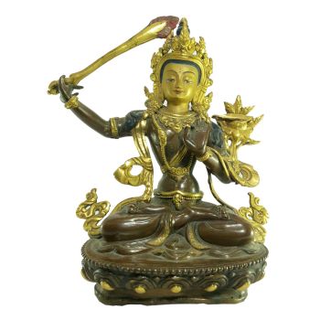 Old Stock Statue of Manjushree Partly Gold Plated , Painted Face, Last Piece