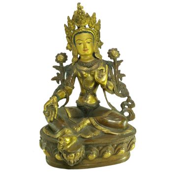 Old Stock Statue of Green Tara, Partly Gold Plated , Painted Face, Last Piece