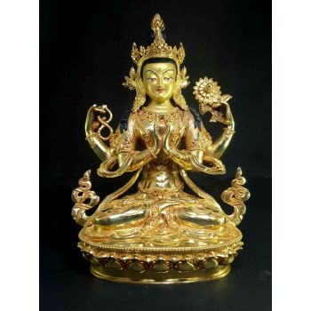 Statue of Chenrezig Full Gold Plated , Painted Face