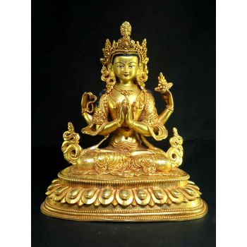 Statue of Chenrezig Full Gold Plated , Painted Face