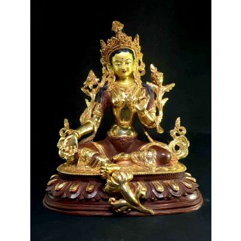 Statue of Green Tara, Partly Gold Plated , Painted Face
