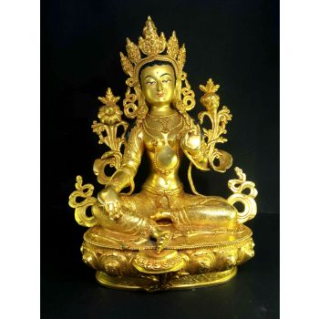 Statue of Green Tara , Full Fire Gold plated , Painted Face