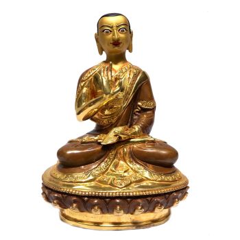 Monastery Quality Buddhist Statue of Tsongkhapa Disciple Full Fire Gold plated , Painted Face