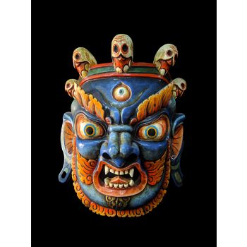 Handmade Wooden Mask Of Mahakala, Painted Blue 