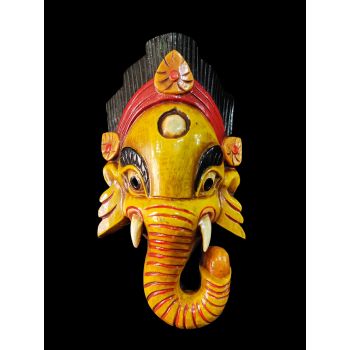 Handmade Wooden Mask Of Ganesh, Painted Yellow 