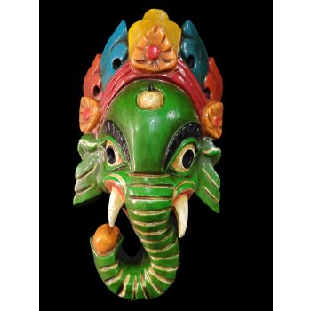 Handmade Wooden Mask Of Ganesh, Painted Green 