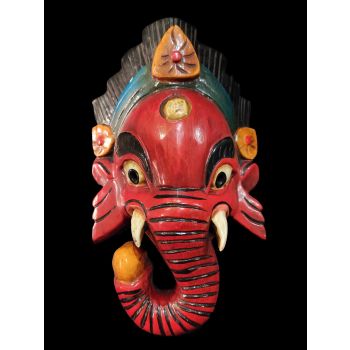 Handmade Wooden Mask Of Ganesh, Painted Red 