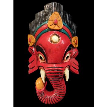 Handmade Wooden Mask Of Ganesh, Painted Red