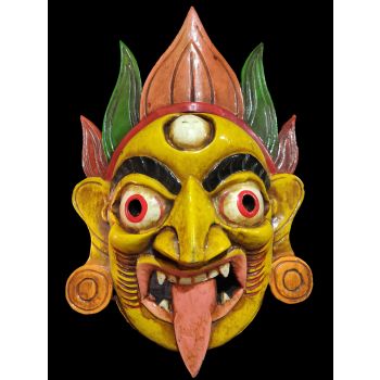 Handmade Wooden Mask Of Kali, Painted Yellow 