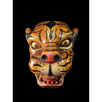 Handmade Wooden Mask Of Tiger Head, Painted yellow