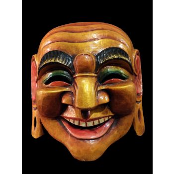 Handmade Wooden Mask Of Laughing Buddha, PaintedOrange