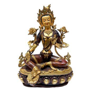Nepali Statue Of Green Tara, Partly Gold Plated 