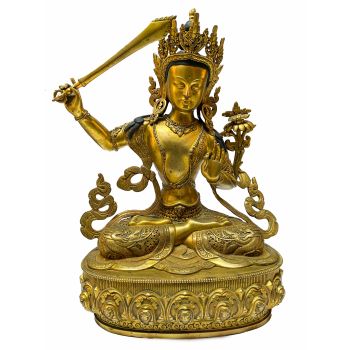 Nepali Statue Of Manjushree, Copper Gold Plated 