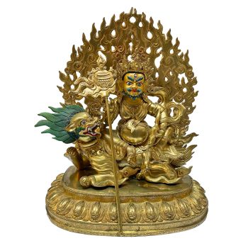 Nepali Statue Of Lion Jambala, Copper Gold Plated 