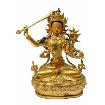 Nepali Statue Of Manjushree, Copper Gold Plated 