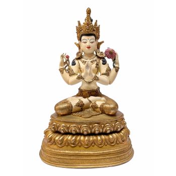 Nepali Statue Of Chenrezig, Copper Gold Plated 