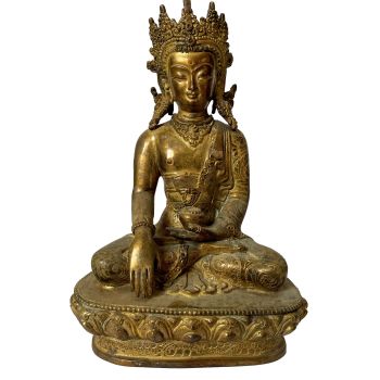 Nepali Statue Of Shakyamuni Buddha with crown , Copper Gold Plated , Antique Finishing 