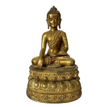 Nepali Statue Of Shakyamuni Buddha on Double lotus Base, Copper Gold Plated , Antique Finishing 