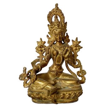 Nepali Statue Of Green Tara, Copper Gold Plated , Antique Finishing 
