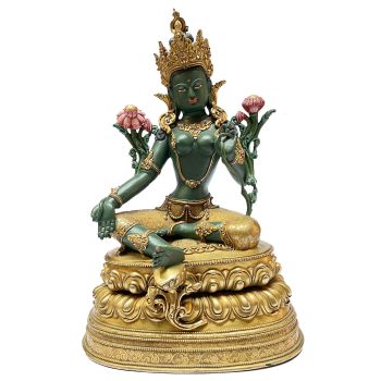 Nepali Statue Of Green Tara, Partly Gold Plated , Thangka color Finishing 