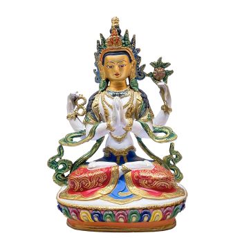 Nepali Statue Of Chenrezig, Partly Gold Plated, Painted Face , with Thangka color finishing
