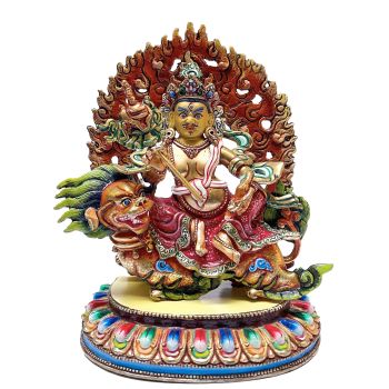 Nepali Statue Of Kuber On Lion, Partly Gold Plated, Painted Face 