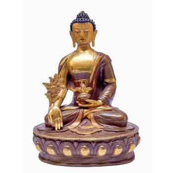 Nepali Statue Of Medicine Buddha, Partly Gold Plated, Painted Face