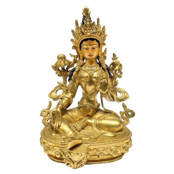 Nepali Statue Of Green Tara, Full Gold Plated, Painted Face 