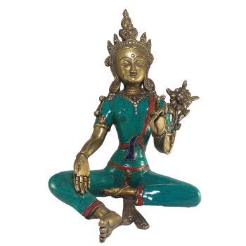 Statue of Green Tara with Real Stone Setting 