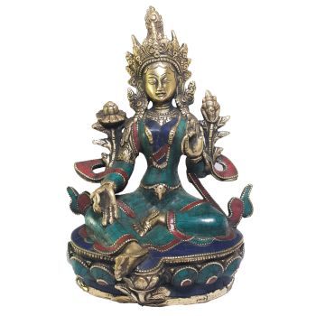Statue of Green Tara with Real Stone Setting , Better work