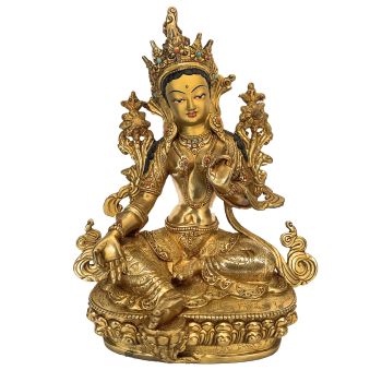 Handmade Nepali Statue Of Green Tara, Full Gold Plated