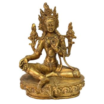 Nepali Handmade Statue Of Green Tara, Fire Gold Plated