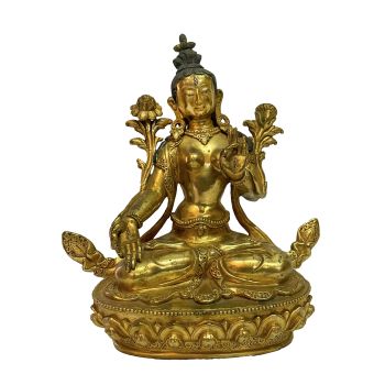 Nepali Handmade Statue Of White Tara, Full Fire Gold Plated 