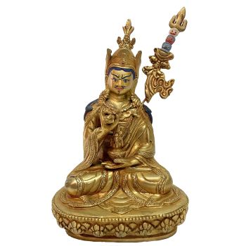 Nepali Handmade Statue Of Padmasambhava, Full Fire Gold Plated 