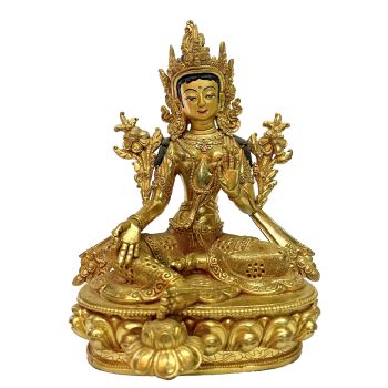 Nepali Handmade Statue Of Green Tara, Full Fire Gold Plated