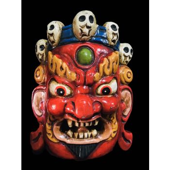 Handmade Wooden Mini Mask Of Mahakala, Painted Red 