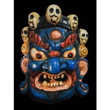 Handmade Wooden Mini Mask Of Mahakala, Painted Blue 