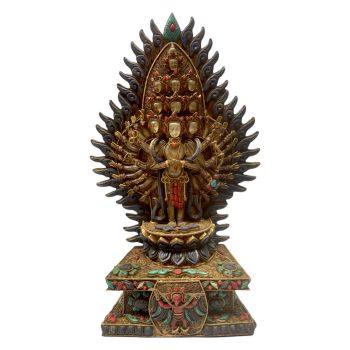 Tibetan Statue of Sahasrabhuja Avalokitesvara, Stone Setting, Oxidized