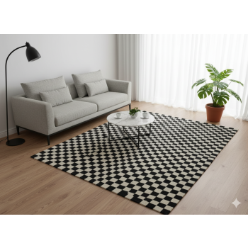 Modern 60-Knot Hand-Knotted Nepali Woolen Carpet (Beige/Black, 5.58 x 7.87 ft)