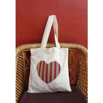 Heart print dhaka bag-white